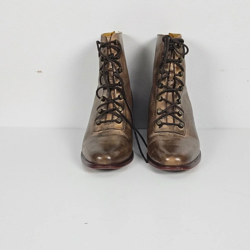 Free People Eberly Victorian Lace-Up Bronze Leather Ankle Boots Women Size 40